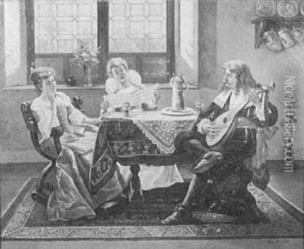 Interior Genre Scene, Figures Sitting At Table, Gentleman Playing Mandolin, Women Singing Oil Painting - Josef Johann Molitor von Muehlfeld