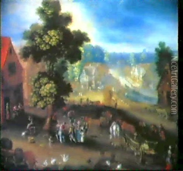 Dorstrasse Mit Pferdefuhrwerken Und Reicher Personen-       Staffage Oil Painting - Jan Brueghel the Elder