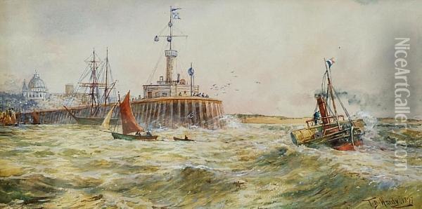 Paddle Steamer And Other Craft At A Harbour Mouth Oil Painting - Thomas Bush Hardy