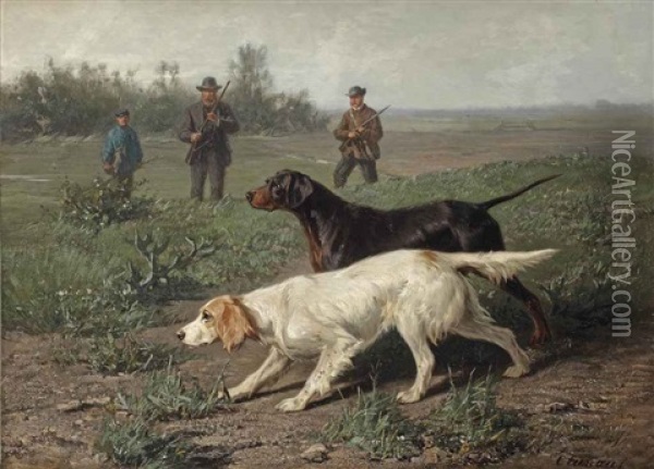 Staande Honden: Two Setters Picking Up A Scent Trail Oil Painting - Conradyn Cunaeus