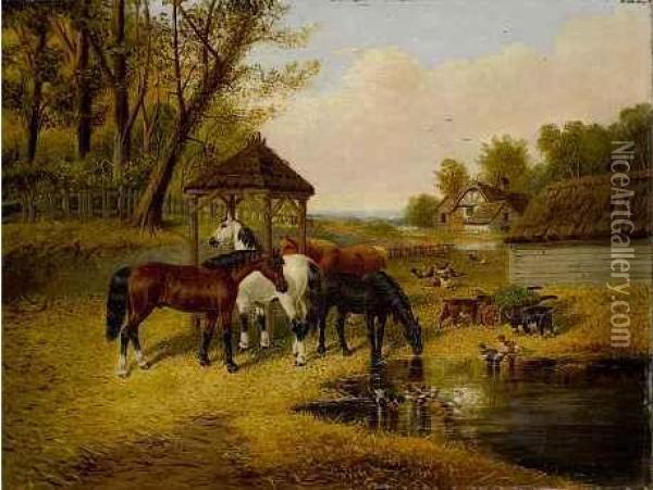 Pferde, Ziegen, Huhner Und Enten An Einem Oil Painting - John Frederick Herring Snr