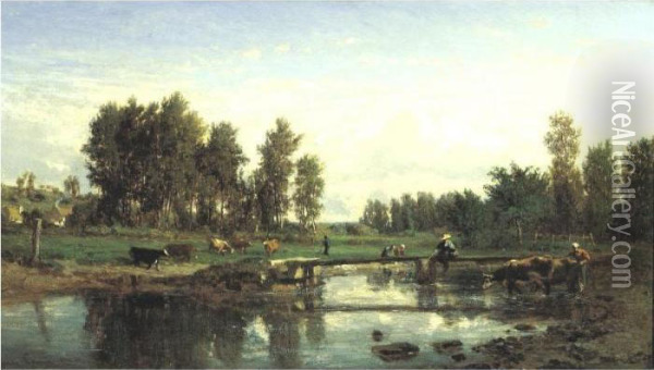 Le Pecheur Sur Le Pont Oil Painting - Emile Charles Lambinet