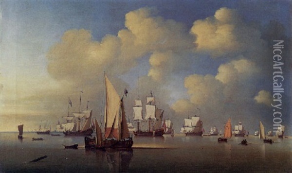 English And Dutch Men-o'war And Other Shipping In A Calm Oil Painting - Hendrik Jacobsz Dubbels
