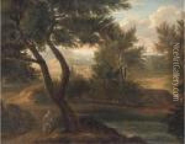 A River Landscape With A Figure In The Foreground, A Fortified Townbeyond Oil Painting - Gaspard Dughet Poussin