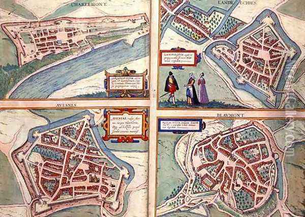 Maps of Charlemont Landrechies Avesnes and Beaumont from Civitates Orbis Terrarum Oil Painting - Joris Hoefnagel