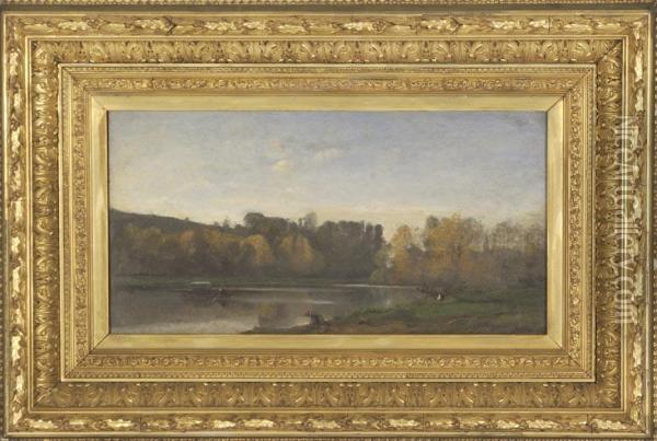 Autumn Riverlandscape With Boat And Washer Woman. Oil Painting - Achille Francois Oudinot