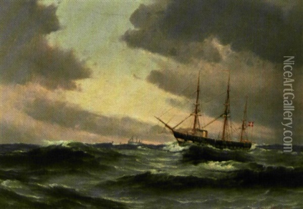 Marine Med Fregat Og Skibe Pa Havet Oil Painting - Vilhelm Victor Bille