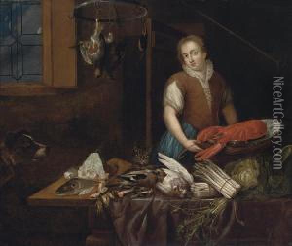 A Maid In A Kitchen Interior Oil Painting - Jeronymus Van Diest