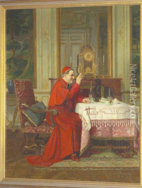 Interior Scene With A Cardinal 
Seated At A Table Feeding A Small Dog Signed, Also Inscribed On A Label 
Verso Oil Painting - Victor Marais-Milton