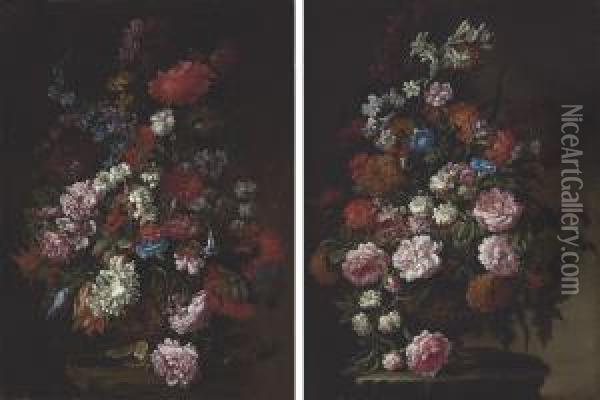 Peonies, Carnations, Daisies, Larkspur And Other Flowers In Anornamental Urn On A Stone Ledge Oil Painting - Paolo Porpora