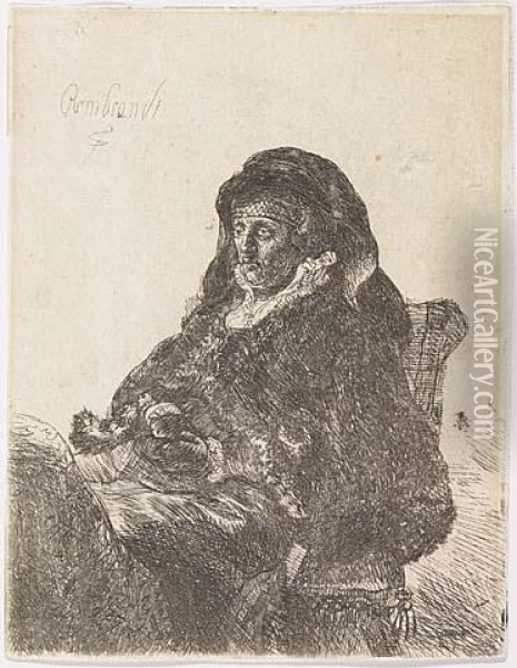 The Artist's Mother Seated, In Widow's Dress And Black Gloves Oil Painting - Rembrandt Van Rijn