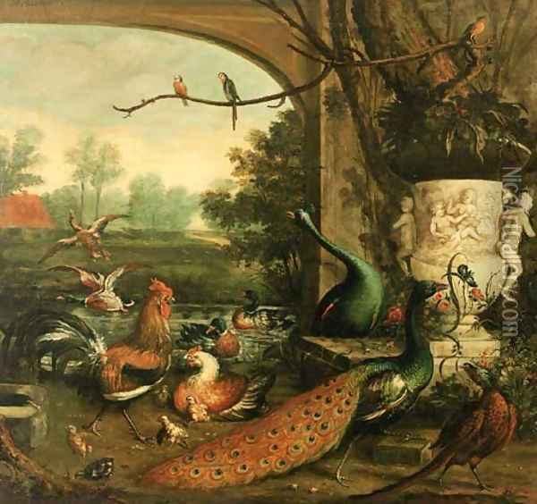 Peacocks, chickens and pheasants by a sculpted vase Oil Painting - Wilfred Williams Ball
