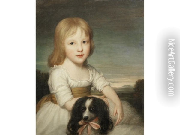 Portrait Of Jane Sarah Susannah Westcott (1790-1834) Aged Three, In A White Dress Seated In A Landscape With Her Pet Spaniel Oil Painting - John Opie