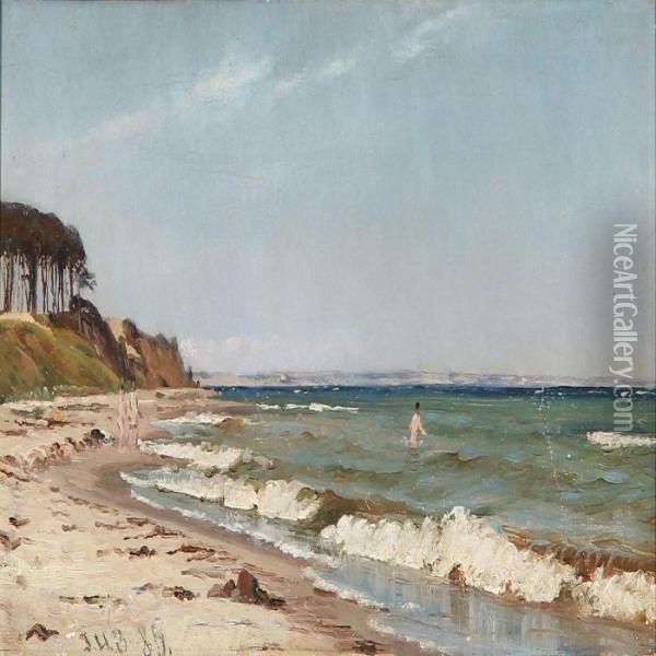 Beach Scene With Bathing Boys And A Woman Oil Painting - Johan Ulrik Bredsdorff