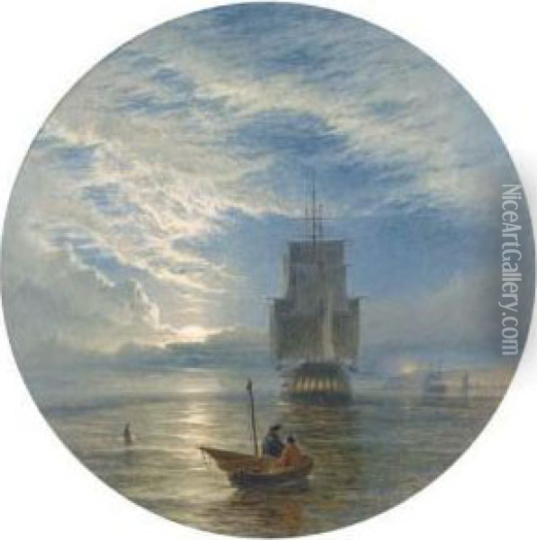 A Frigate Becalmed Off A Port By Moonlight Oil Painting - Henry Thomas Dawson