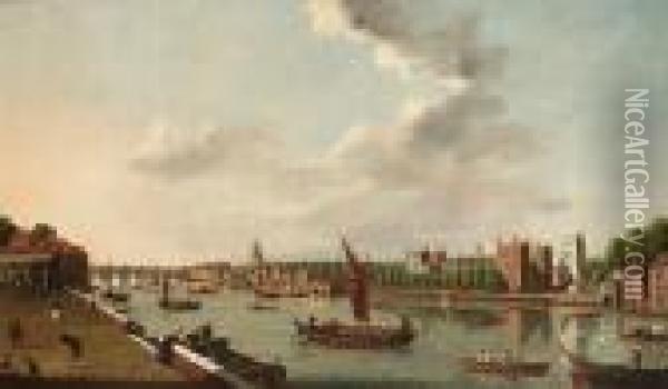 The Thames At Lambeth Palace, 
With St. Paul's Cathedral And Westminster Bridge Beyond, London Oil Painting - William James