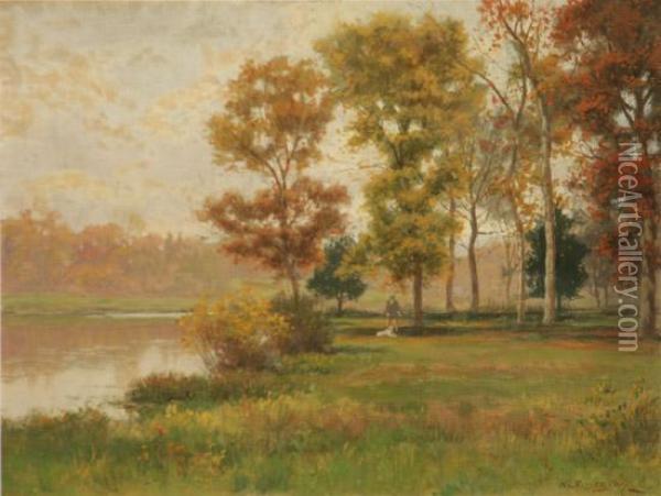 Riverlandscape With Figure And Dog Oil Painting - William Crothers Fitler