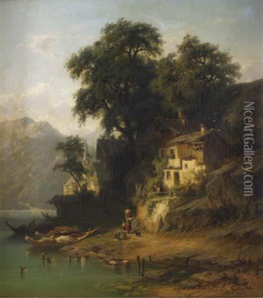 Bergsee Mit Kirche Und Hausern Oil Painting - Christian Friedrich Mali