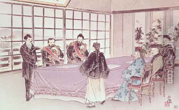 The Japanese ministers I-Tso and Mou-Tsou discuss with the Chinese envoy Ri-Ko-Sho the conditions of the Shimonoseki truce, 16th April 1895 Oil Painting - Anonymous Artist