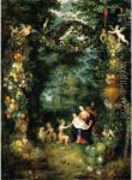 The Holy Family With Saint John,
 In A Landscape Setting, Encircled With A Garland Of Fruit And Flowers Oil Painting - Jan Brueghel the Younger