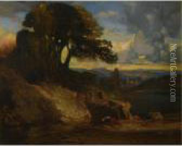 Landscape At Sunset Oil Painting - Alexandre Gabriel Decamps