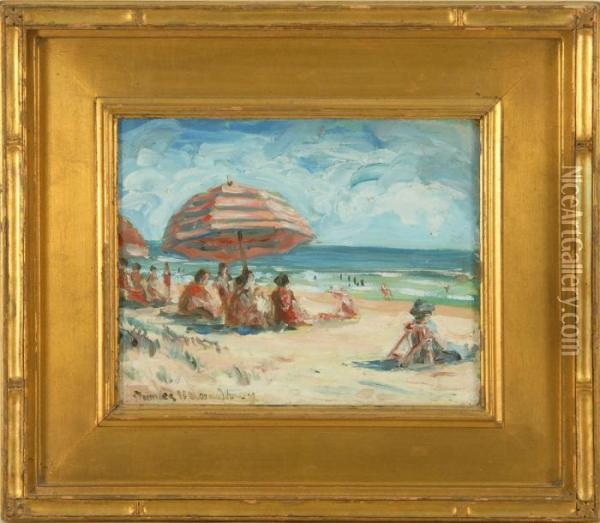 Beach Scene With Umbrellas Oil Painting - Charles Herbert Woodbury