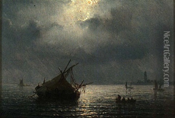 Bateaux De Peche Au Clair De Lune Oil Painting - Henriette Gudin