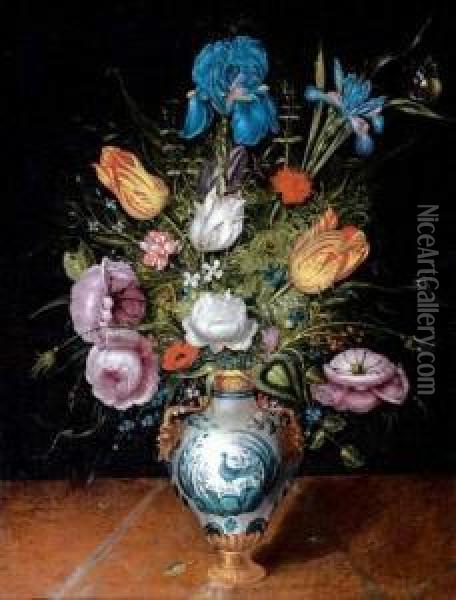 Nature Morte Au Bouquet De Fleurs Dans Un Vase A Monture De Bronze Oil Painting - Peter Paul Binoit