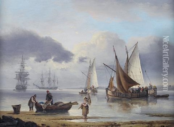 Barges Moored Inshore In A Calm, With Two Naval Frigates Standing Out To Sea Oil Painting - Thomas Luny