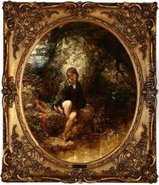 Young Woman Near A Stream In A Landscape Oil Painting - Alfred Joseph Woolmer