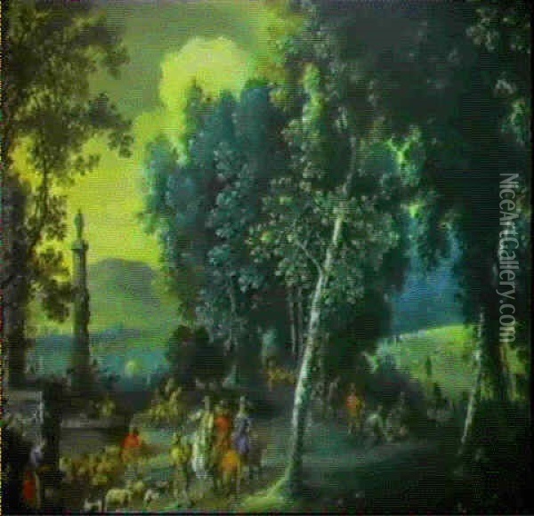 Paysage Avec Un Depart Pour La Chasse Au Faucon Dans Une    Clairiere Oil Painting - Jan van den Hoecke