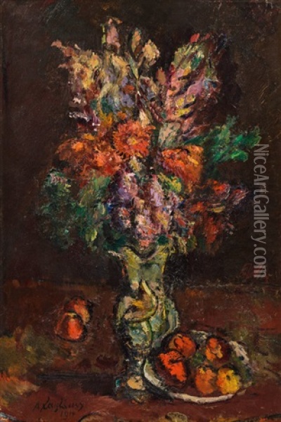 Flower Still Life - Flowers And Apples Oil Painting - Anton Faistauer
