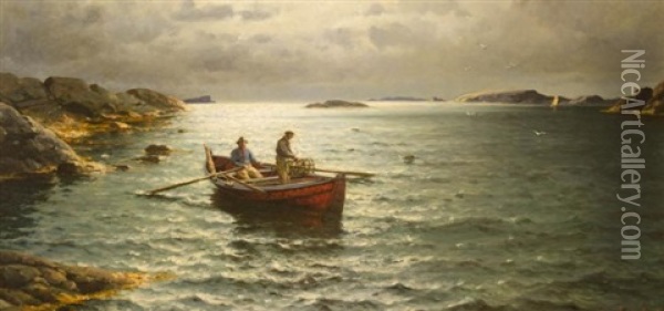 Two Men In A Rowboat With Lobster Trap Oil Painting - Lauritz Haaland