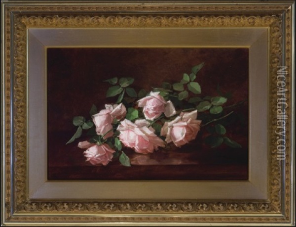 Five Pink Roses In Full Bloom Oil Painting - Anna Eliza Hardy
