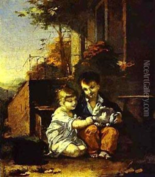 Children With Rabbit 1804-1814 Oil Painting - Pal Mihaltz