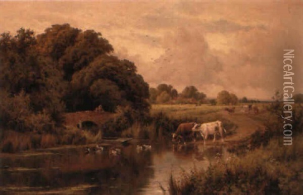 Cattle Watering By A Tranquil River Oil Painting - Henry H. Parker