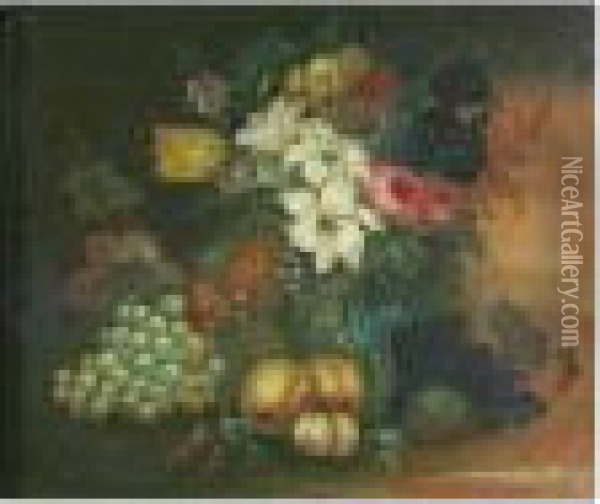 Still Life Of Flowers, Grapes, Peaches And Berries Oil Painting - Edwin Steele