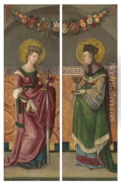 Saint Catherine Of Alexandria (+ Saint Barbara; 2 Works, The Outer Wings Of A Triptych) Oil Painting - Hans Jean Duerer