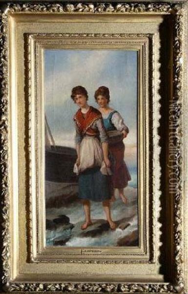 Two Belgian Fishergirls On A Rocky Shore Oil Painting - Laurent Bruno F. Jourdain