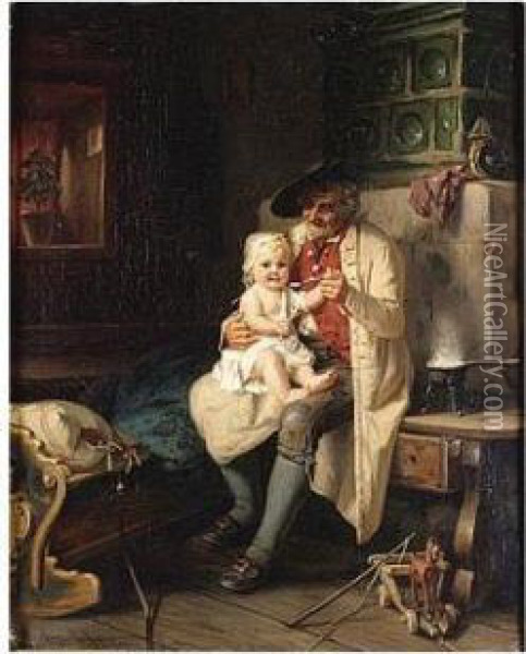 Muller , Baby's Dinner, Signed 
And Inscribed Munchen, Oil On Canvas, 45.5 X 36 Cm.; 17 3/4 X 14 In Oil Painting - August Muller