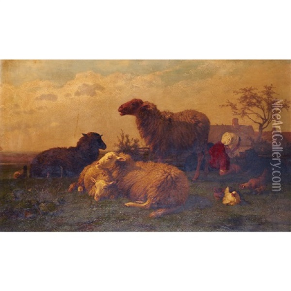 A Maiden Resting With Her Dog, Sheep And Chickens Oil Painting - Cornelis van Leemputten