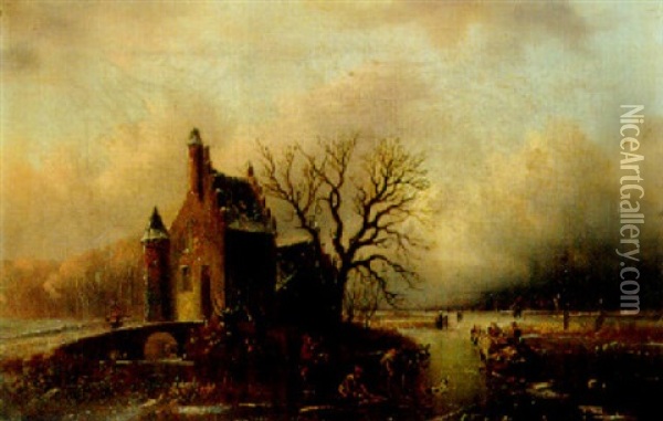 Wood Gatherers And A Sledge In A Winter Landscape Oil Painting - Alexis de Leeuw