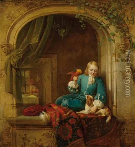 Boy At A Window With Dog And Parrot Oil Painting - Alexis van Hamme