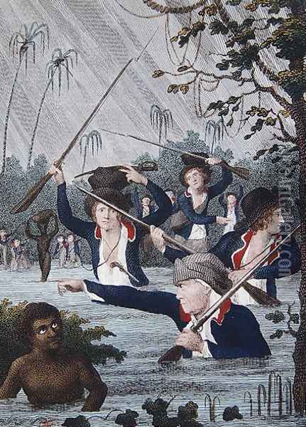 March Through a Swamp in Pursuit of Slaves, from Narrative of a Five Years Expedition against the Revolted Negroes of Surinam, in Guiana, on the Wild Coast of South America, from the year 1772 to 1777, engraved by Francesco Bartolozzi 1727-1815 Oil Painting - John Gabriel Stedman
