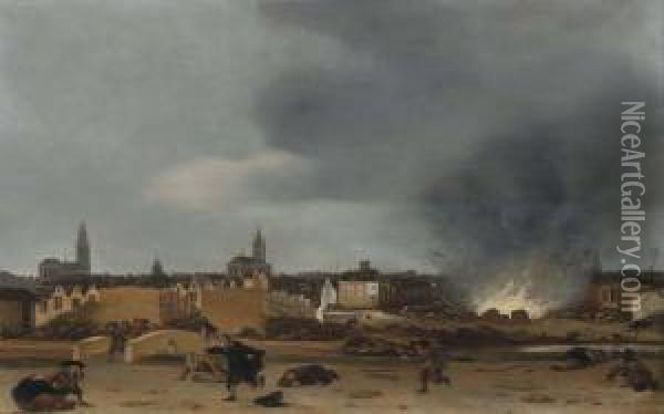 A View Of The City Of Delft During The Explosion Of 1654 Oil Painting - Egbert van der Poel