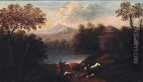 River landscapes with drovers on paths, castles beyond Oil Painting - Jan Baptist Huysmans