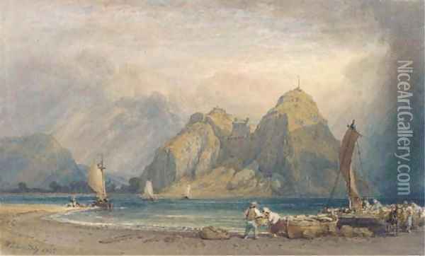 Fishermen on the beach before Dumbarton Rock Oil Painting - William Leighton Leitch