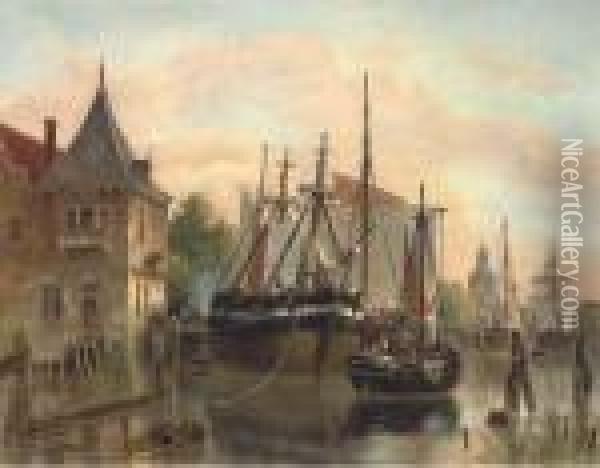 A Busy Day On The Amstel Oil Painting - Pieter Cornelis Dommershuijzen