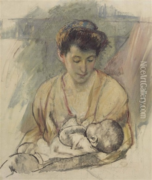 Mother Rose Looking Down At Her Sleeping Baby Oil Painting - Mary Cassatt