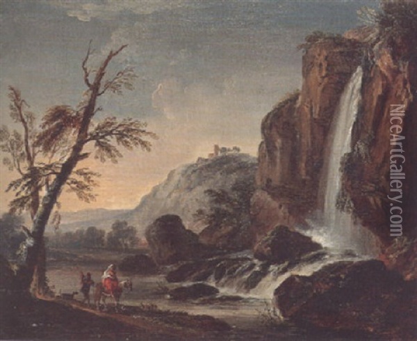 A Rocky River Landscape With Travellers On A Path By A Waterfall Oil Painting - Jean Baptiste Lallemand